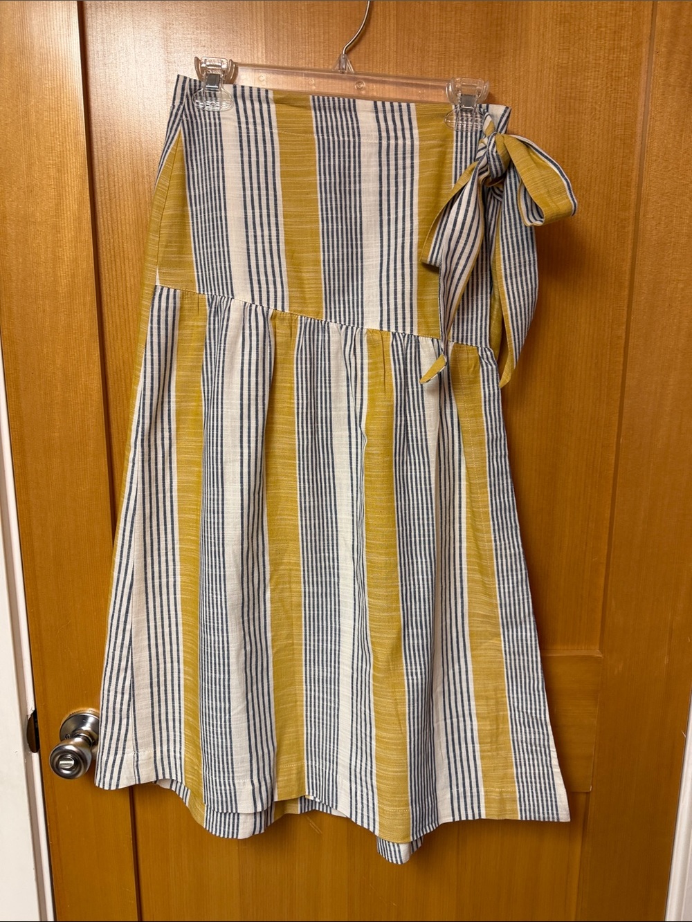 Anthropologie Mustard Yellow, White & Navy Striped Midi Skirt with Tie Waist